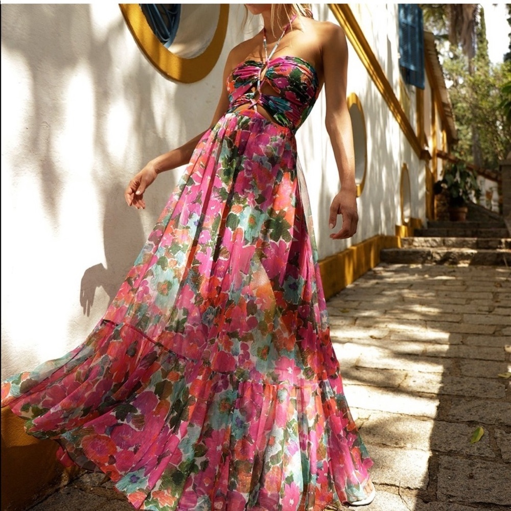 NWT PatBo cutout stretch jersey halter neck floral maxi dress sz M